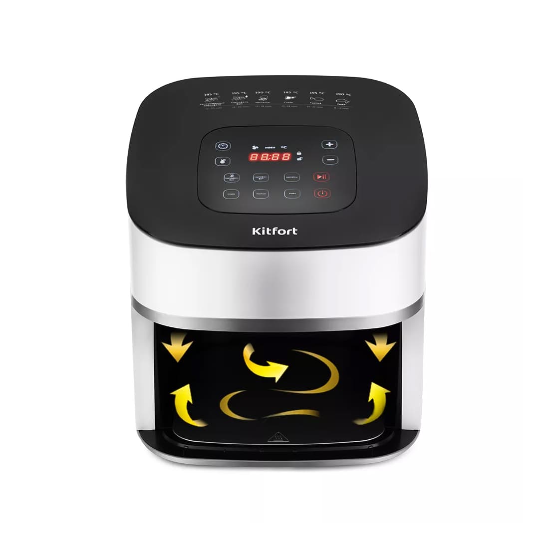 Аэрогриль, Kitfort, КТ-2217, Мощность 1500 Вт, Объем чаши 4.5 л, Сенсорное управление, Количество автоматических программ 6, Максимальная температура нагрева 200 °C, Цвет белый