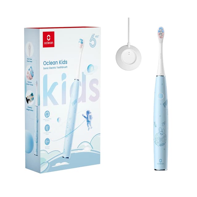 Зубная электрощетка, Oclean, C01000362, <37 дБ, Защита от избыточного давления, 80 000 об/мин (магнитный двигатель), Щетинки из фторида натрия Dupont, Срок службы батареи до 30 дней, быстрая зарядка 3 часа, Для детей в возрасте от 6 до 12 лет, Водонепроницаемость IPX7, В комплекте магнитная зарядная база и 2 сменные щетки, Детская электрощетка, Голубой