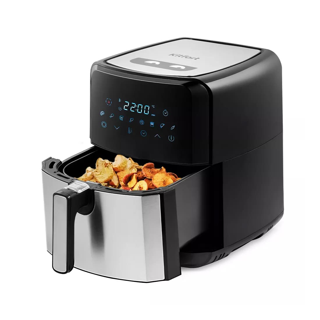 Аэрогриль, Kitfort, КТ-2239, Объем корзины 4.5л, 8 автоматических программ, Режим сушки, Температура нагрева 80-200°C, Таймер, Сенсорное управление, Мощность 1700 Вт, Длина шнура 0.6 м, Черный/Стальной