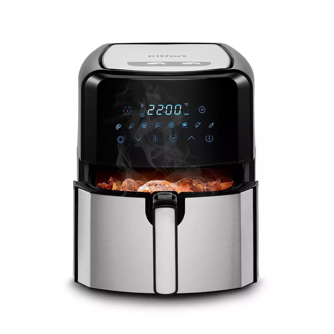 Аэрогриль, Kitfort, КТ-2239, Объем корзины 4.5л, 8 автоматических программ, Режим сушки, Температура нагрева 80-200°C, Таймер, Сенсорное управление, Мощность 1700 Вт, Длина шнура 0.6 м, Черный/Стальной