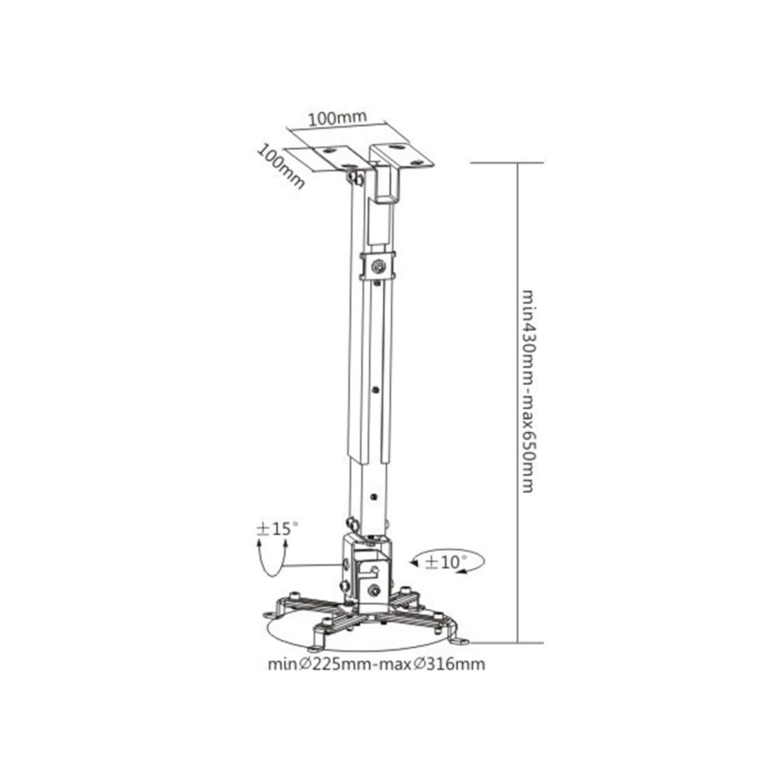 Кронштейн потолочный, Brateck, PRB-2, Макс. нагрузка - 20 кг, Для проекторов, Вращение до +/-10°, Угол наклона +/-15°, Белый