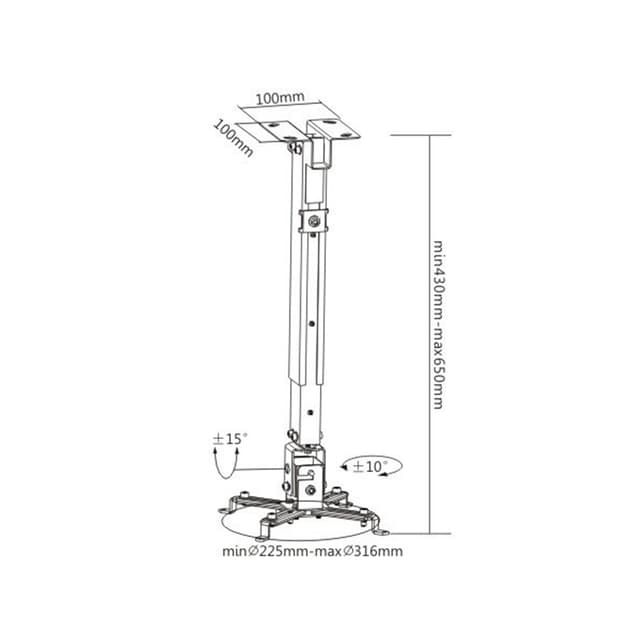 Кронштейн потолочный, Brateck, PRB-2, Макс. нагрузка - 20 кг, Для проекторов, Вращение до +/-10°, Угол наклона +/-15°, Белый