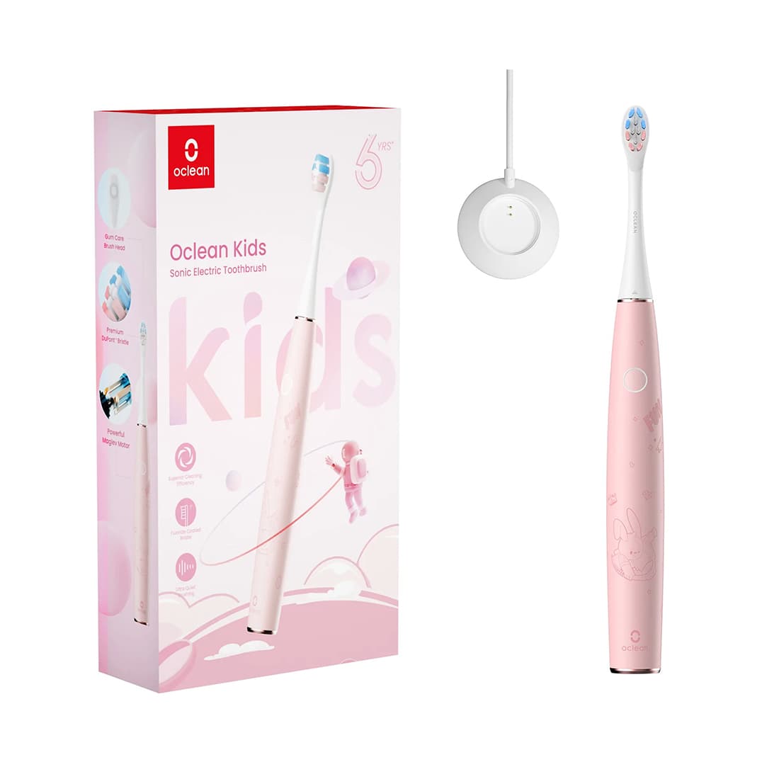 Зубная электрощетка, Oclean, C01000363, <37 дБ, Защита от избыточного давления, 80 000 об/мин (магнитный двигатель), Щетинки из фторида натрия Dupont, Срок службы батареи до 30 дней, быстрая зарядка 3 часа, Для детей в возрасте от 6 до 12 лет, Водонепроницаемость IPX7, В комплекте магнитная зарядная база и 2 сменные щетки, Детская электрощетка, Розовый