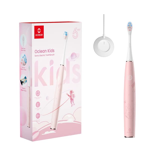 Зубная электрощетка, Oclean, C01000363, <37 дБ, Защита от избыточного давления, 80 000 об/мин (магнитный двигатель), Щетинки из фторида натрия Dupont, Срок службы батареи до 30 дней, быстрая зарядка 3 часа, Для детей в возрасте от 6 до 12 лет, Водонепроницаемость IPX7, В комплекте магнитная зарядная база и 2 сменные щетки, Детская электрощетка, Розовый