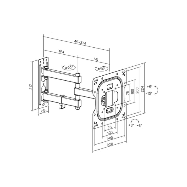 Кронштейн для ТВ и мониторов, Brateck, LPA68-223N, Макс. нагрузка - 30 кг, Диагональ экрана от 23" до 43", Угол поворота 180°, Угол наклона +/-10°, Чёрный