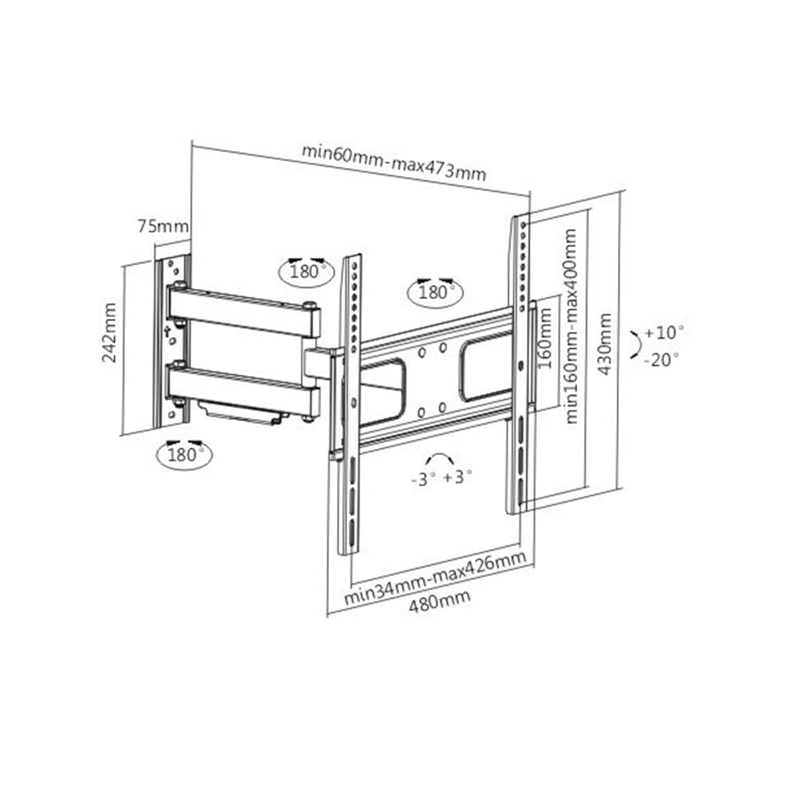 Кронштейн для ТВ и мониторов, Brateck, LPA36-443, Макс. нагрузка - 50 кг, Диагональ экрана от 32" до 55", Угол поворота до 180°, Угол наклона -20° +10°, Уровень, Чёрный