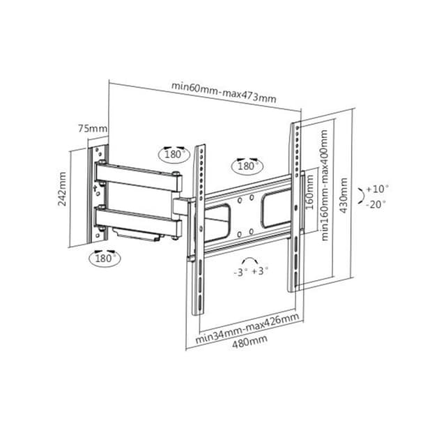 Кронштейн для ТВ и мониторов, Brateck, LPA36-443, Макс. нагрузка - 50 кг, Диагональ экрана от 32" до 55", Угол поворота до 180°, Угол наклона -20° +10°, Уровень, Чёрный