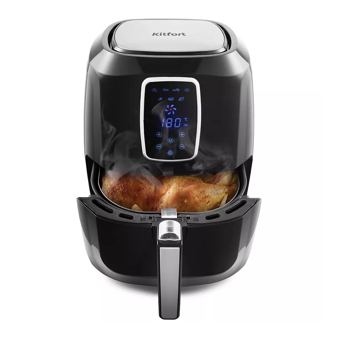 Аэрогриль, Kitfort, КТ-2208, Мощность 1800 Вт, Нагревательный элемент ТЭН, Максимальный объем колбы 5.2 л, Расширительное кольцо нет, Объем чаши 5.2 л, Материал корпуса пластик, Цвет Черный