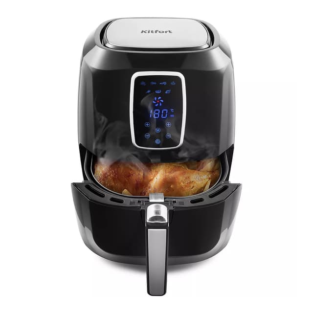 Аэрогриль, Kitfort, КТ-2208, Мощность 1800 Вт, Нагревательный элемент ТЭН, Максимальный объем колбы 5.2 л, Расширительное кольцо нет, Объем чаши 5.2 л, Материал корпуса пластик, Цвет Черный