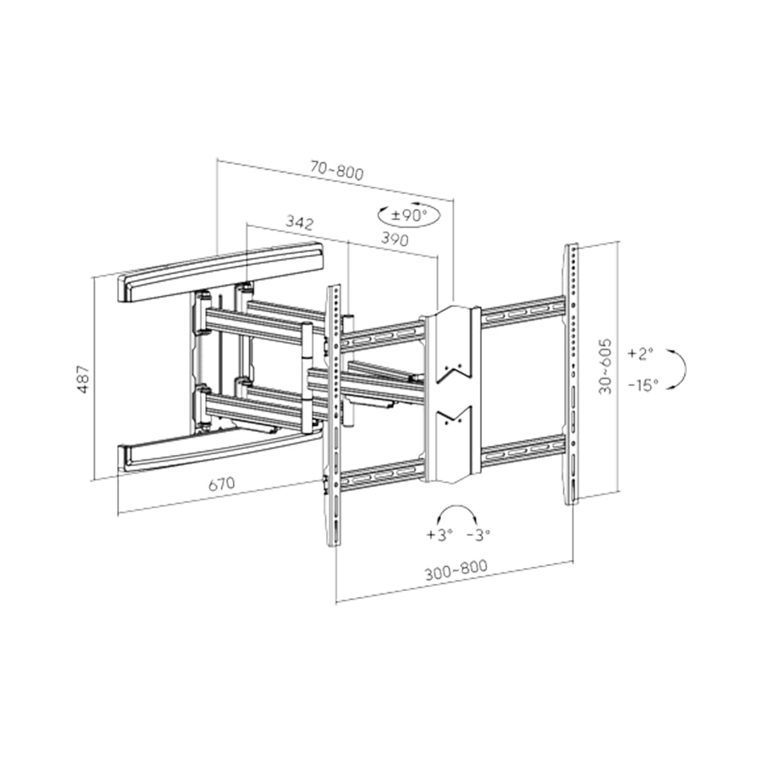 Кронштейн для ТВ, Brateck, LPA57-686A, 43"-100", Макс. нагрузка - 70 кг, Угол поворота до +/-90°, Диапазон наклона +2°/-15°