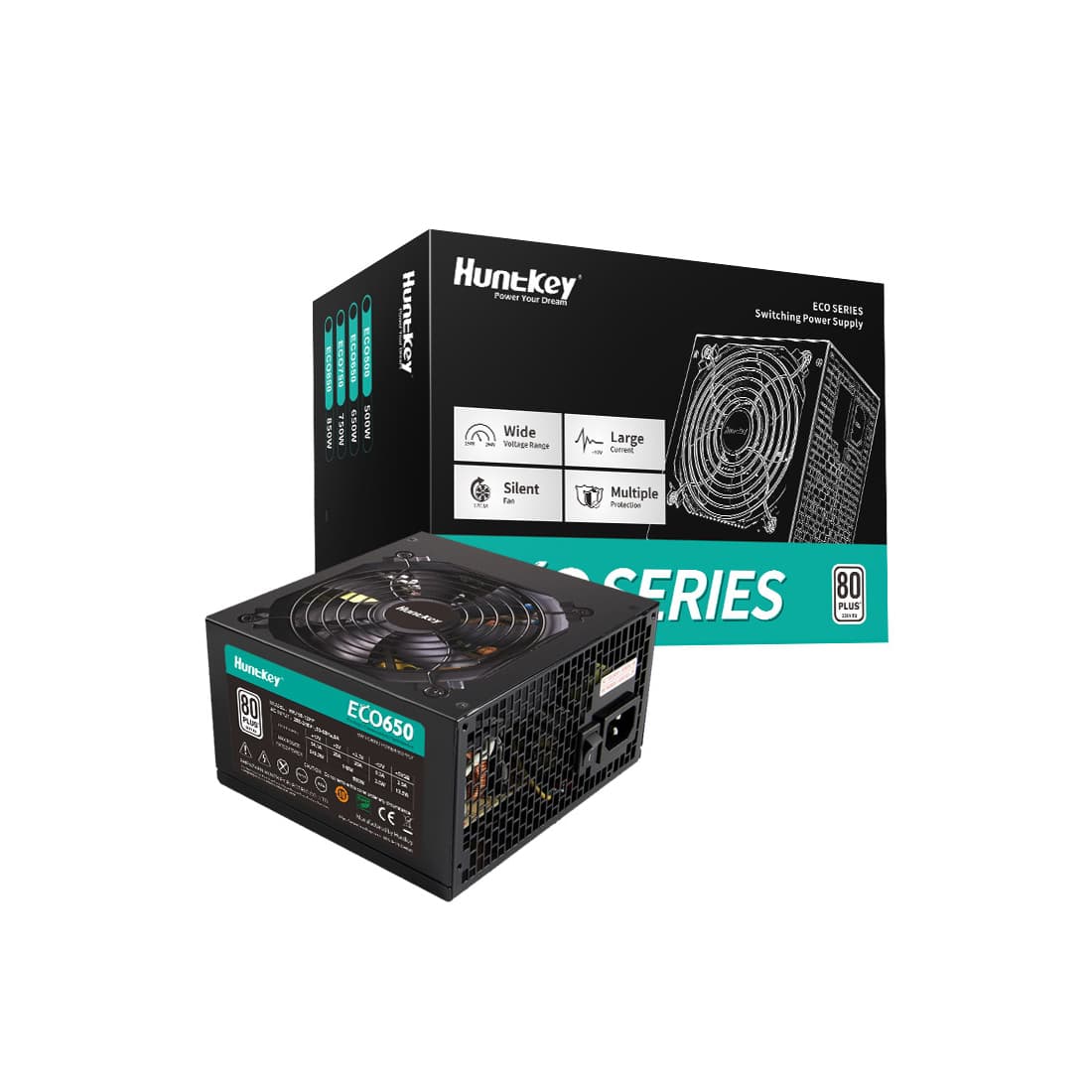 Блок питания, Huntkey, ECO650, 650W, ATX, APFC, 20+4 pin, 2*4+4pin, 3*Sata, 3*Molex, 2*PCI-E 6+2 pin, Вентилятор 12см, Кабель питания, Чёрный