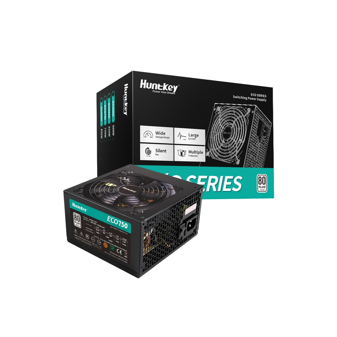 Блок питания, Huntkey, ECO750, 750W, ATX, APFC, 20+4 pin, 2*4+4pin, 3*Sata, 3*Molex, 2*PCI-E 6+2 pin, Вентилятор 12см, Кабель питания, Чёрный
