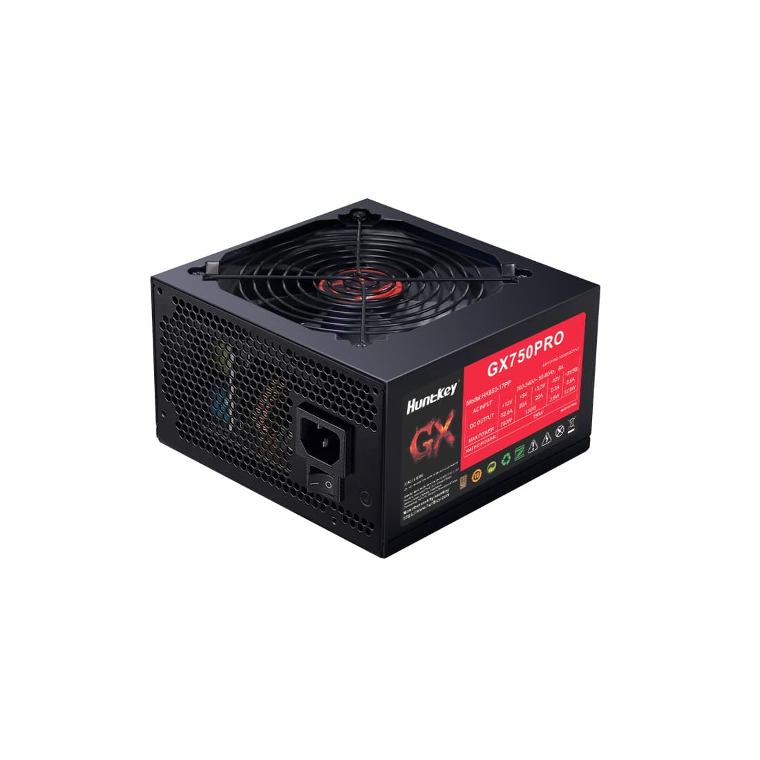 Блок питания, Huntkey, GX 750PRO, 750W, ATX 3.0, Bronze, APFC, 20+4 pin, 2*4+4pin, 4*Sata, 2*Molex, 3*PCI-E 6+2 pin, Вентилятор 12см, Кабель питания, Чёрный