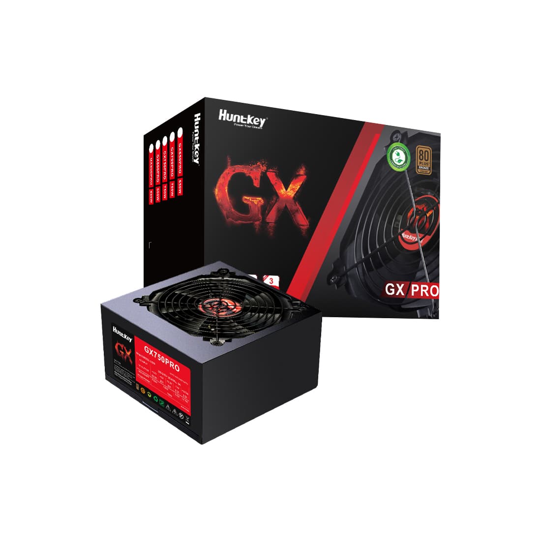 Блок питания, Huntkey, GX 750PRO, 750W, ATX 3.0, Bronze, APFC, 20+4 pin, 2*4+4pin, 4*Sata, 2*Molex, 3*PCI-E 6+2 pin, Вентилятор 12см, Кабель питания, Чёрный