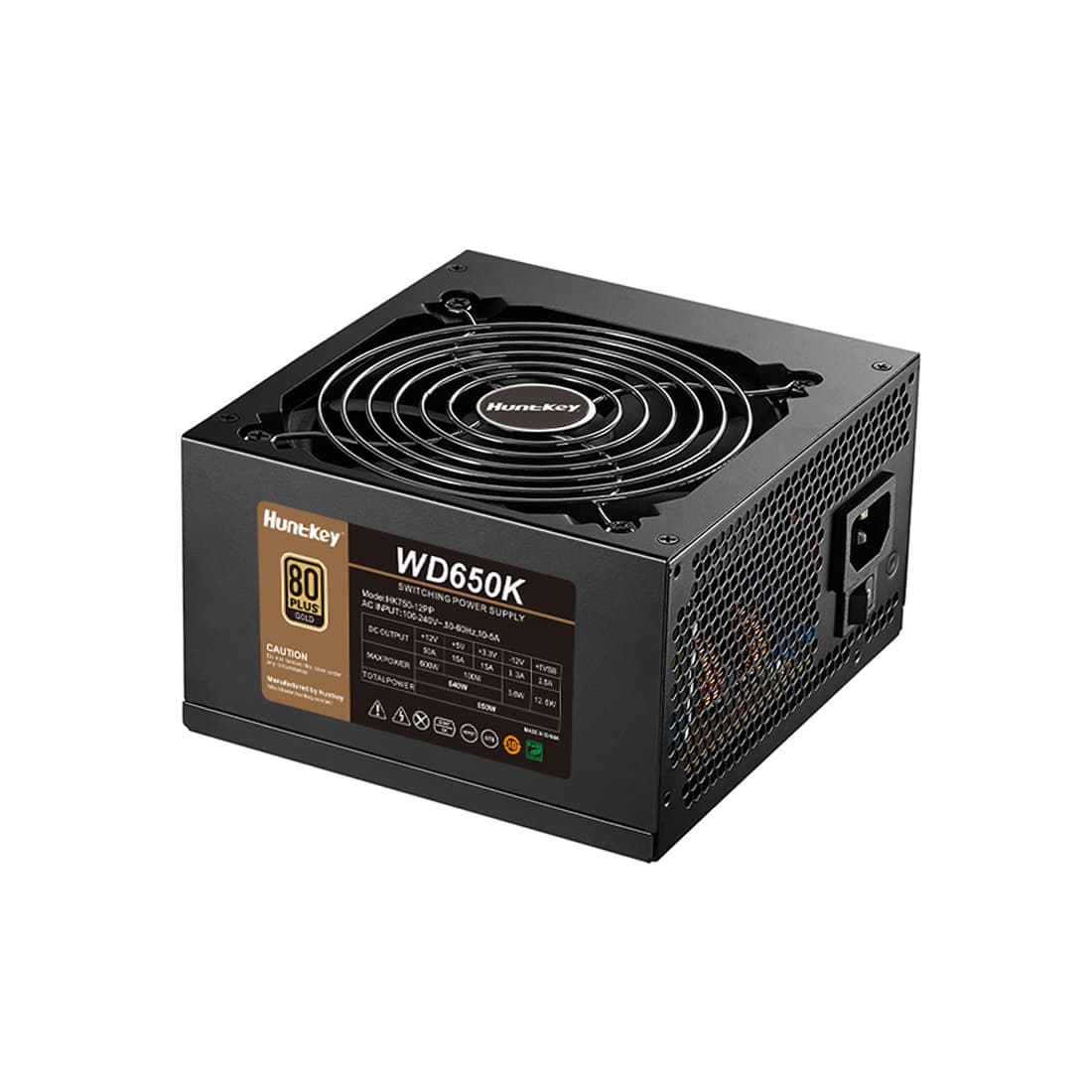 Блок питания, Huntkey, WD650K, 650W, ATX, Gold, APFC, 20+4 pin, 2*4+4pin, 4*Sata, 2*Molex, 2*PCI-E 6+2 pin, Вентилятор 12см, Кабель питания, Чёрный