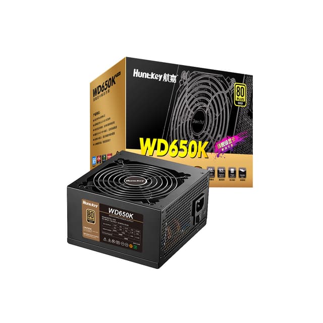 Блок питания, Huntkey, WD650K, 650W, ATX, Gold, APFC, 20+4 pin, 2*4+4pin, 4*Sata, 2*Molex, 2*PCI-E 6+2 pin, Вентилятор 12см, Кабель питания, Чёрный