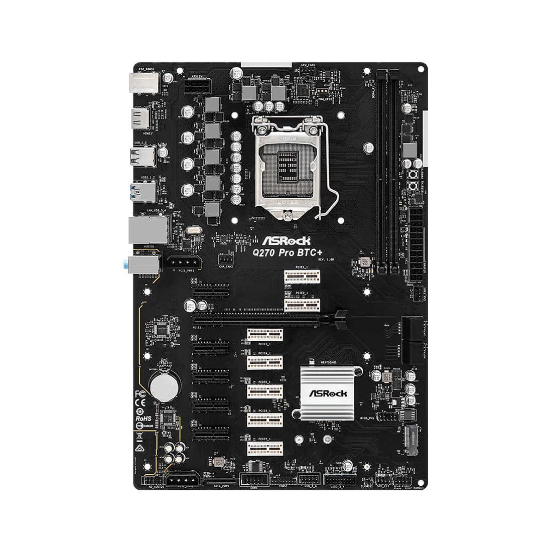 Материнская плата, ASRock, Q270 PRO BTC+ (4710483935473), LGA1151, iQ270, 2xDDR4 2400/2133, 4xSATA3, 1xM.2 SATA3, Raid, 1xHDMI, 1xPCI-Ex16, 12xPCI-Ex1, ATX