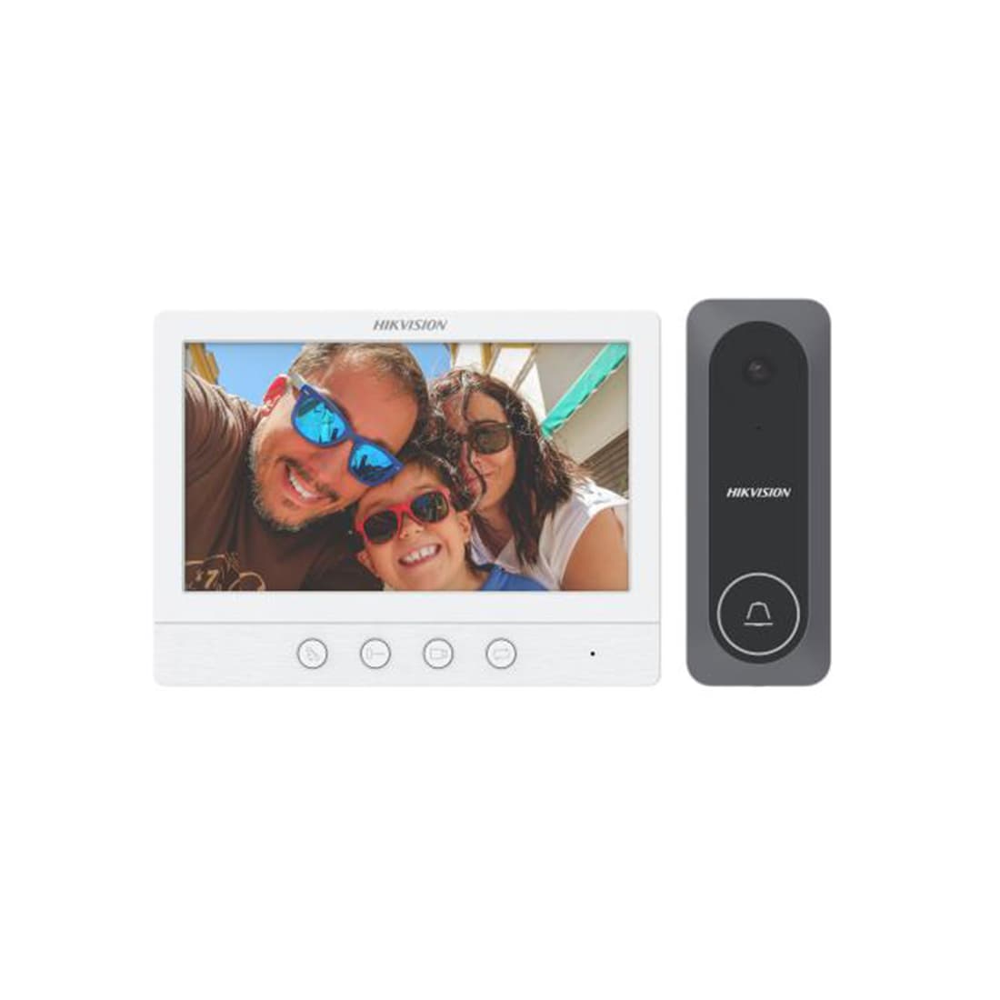 Домофонная система, Hikvision, DS-KIS212, Комплект видеодомофонии ,1mp HD камера, ИК до 3 м, встроеный микрофон и динамик, вызывная:от-30 °C до 60 °C, Монитор: от -10 °C до 55 °C, IP65, 12V DC
