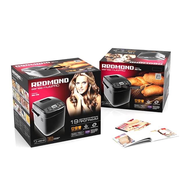 Хлебопечь, Redmond, RBM-1908, 450 Вт, Количество программ 19, Таймер, Смотровое окно, Размер выпечки 500/750гр, Выбор корочки, Черный