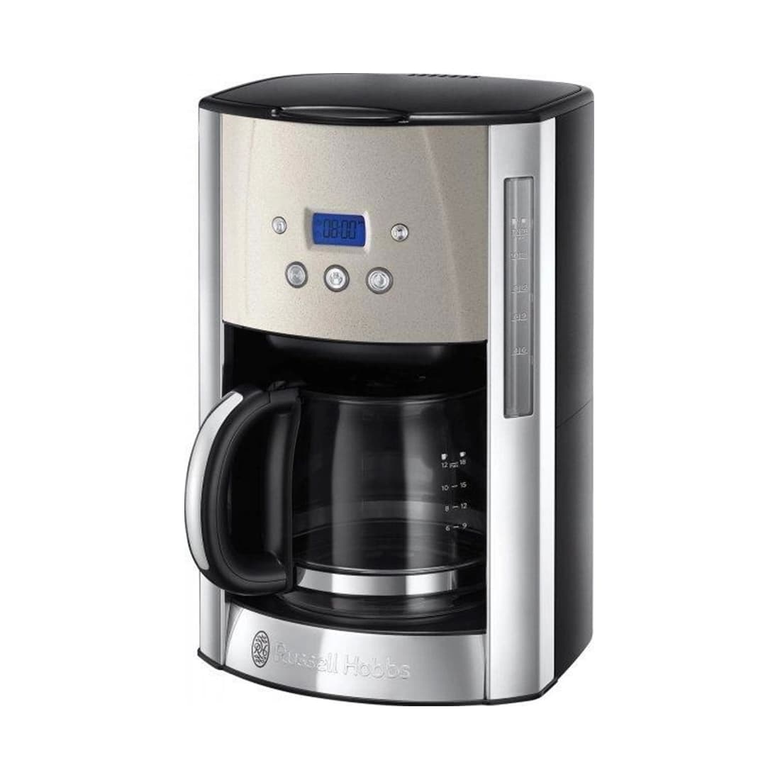 Кофеварка капельная, Russell Hobbs, 26990-56, Мощность 1000Вт, Молотое кофе, Объем 1.5л, Кнопочное управление, Синий ЖК-дисплей, Съемный моющийся держатель фильтра, Автоматическое сохранение тепла, Серебрянный