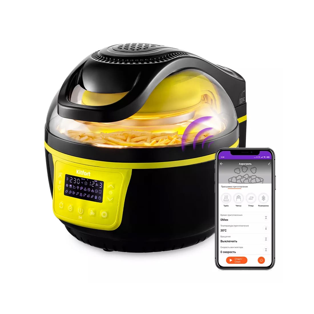 Аэрогриль, Kitfort, КТ-2243, 1 чаша, Объем 7.5 л, 20 программ, Температура нагрева 30-250°C, Управление с телефона/кнопочное, Таймер, Мощность 1200-1400 Вт, Длина шнура 1м, Черный/Желтый