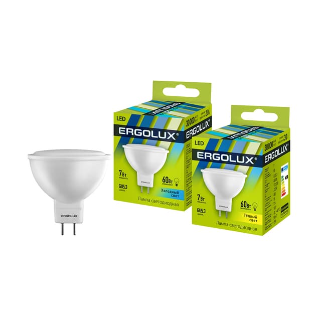 Эл. лампа светодиодная, Ergolux, LED-JCDR-7W-GU5.3-3K, Мощность 7Вт, Тип колбы JCDR, Цвет. температура 3000К, Цоколь GU5.3, Тёплый