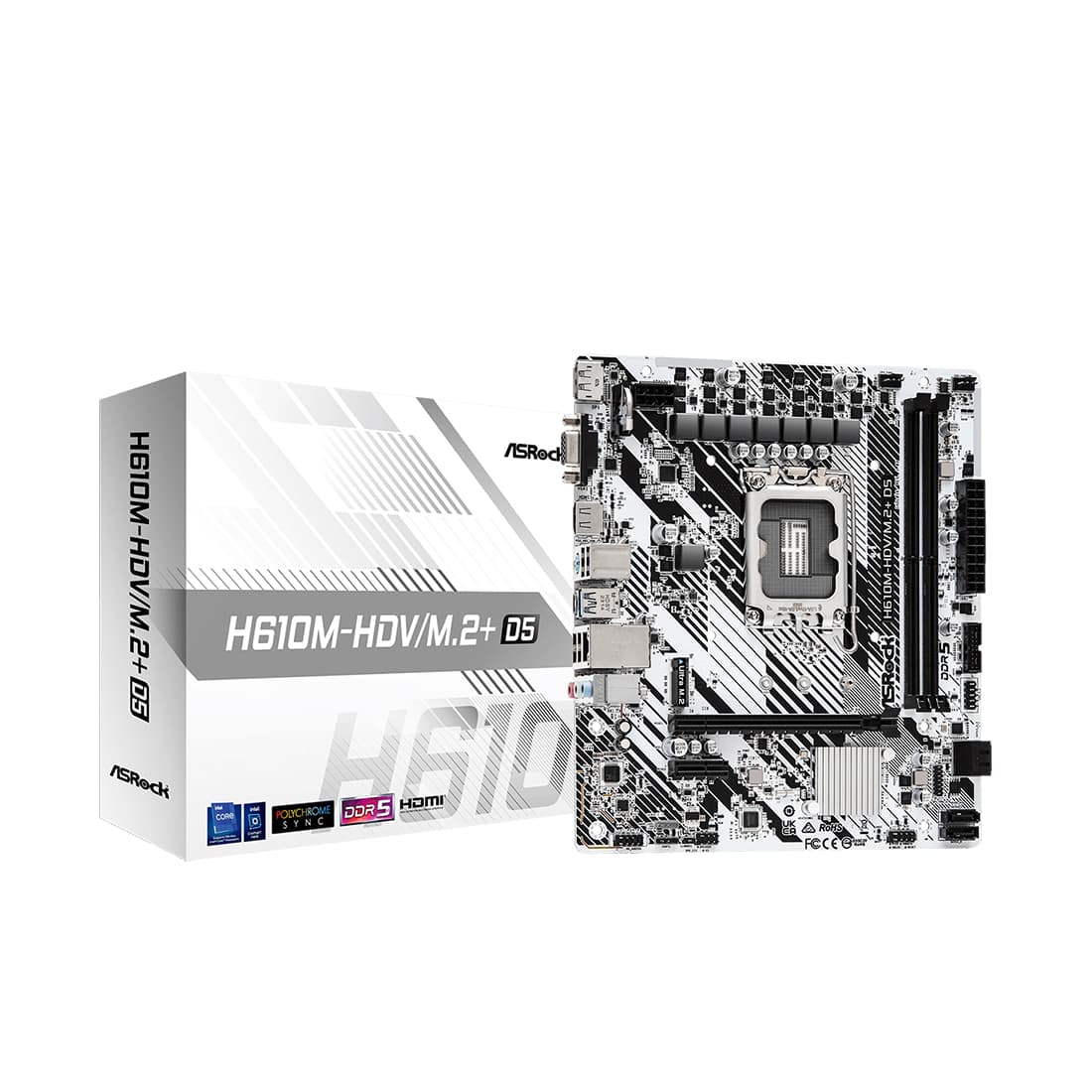 Материнская плата, ASRock, H610M-HDV/M.2+D5 (4710483943478), LGA1700, iH610, 2xDDR5 4800/5600, 4xSATA3, 1xM.2 (PCI-E 3.0x4), 1xD-Sub, 1xHDMI, 1xDP, 1xPCI-Ex16, 1xPCI-Ex1, mATX