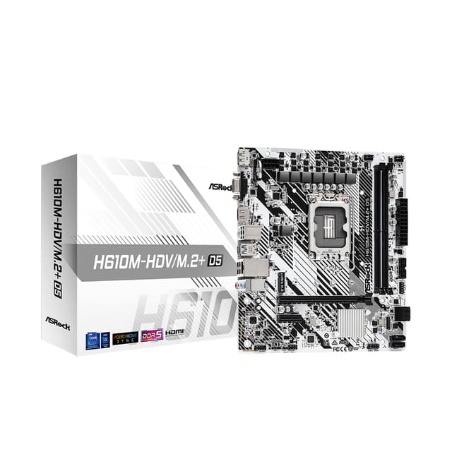 Материнская плата, ASRock, H610M-HDV/M.2+D5 (4710483943478), LGA1700, iH610, 2xDDR5 4800/5600, 4xSATA3, 1xM.2 (PCI-E 3.0x4), 1xD-Sub, 1xHDMI, 1xDP, 1xPCI-Ex16, 1xPCI-Ex1, mATX