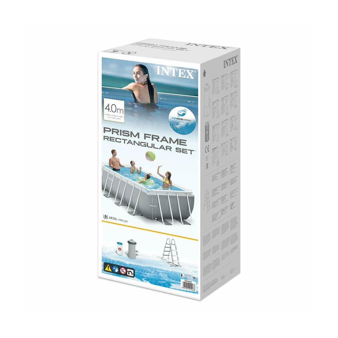 Каркасный бассейн Prism Frame Rectangular 400 х 200 x 100 см, INTEX, 26788NP, Винил, 6836 л., Стальной каркас, Ф-насос 28604 (2006л/ч), Лестница 28075, Гидроаэрация 22025, Серый, Цветная коробка