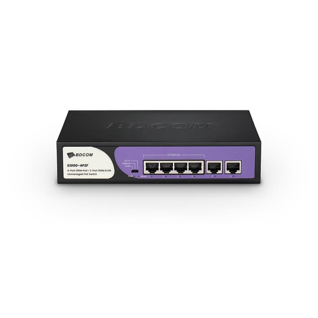 Коммутатор, BDCOM, S1000-4P2F, Неуправляемый, 4 порта PoE+ (60W) 10/100M RJ45, 2 порта 10/100M RJ45, Настольный
