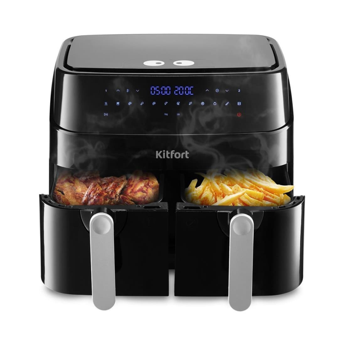 Аэрогриль, Kitfort, КТ-2250, 2 раздельных чаши, 12 программ, Объем чаш 9л (2 х 4,5 л), Температура 50-200°С, Таймер 60 мин, Уровень шума до 50 дБ, Сенсорное управление, Длина шнура 1 м, Мощность 1750 Вт, Черный