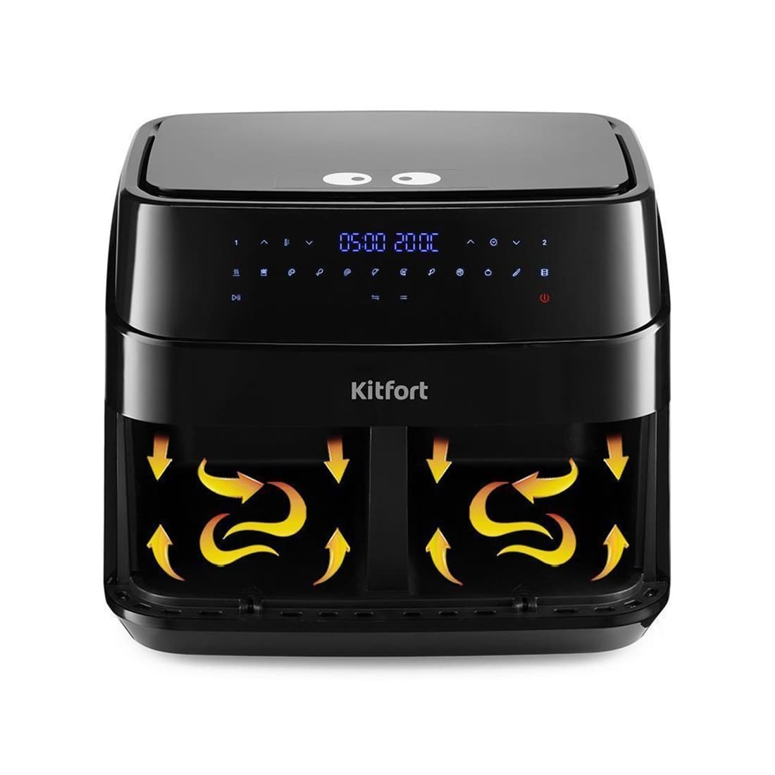 Аэрогриль, Kitfort, КТ-2250, 2 раздельных чаши, 12 программ, Объем чаш 9л (2 х 4,5 л), Температура 50-200°С, Таймер 60 мин, Уровень шума до 50 дБ, Сенсорное управление, Длина шнура 1 м, Мощность 1750 Вт, Черный