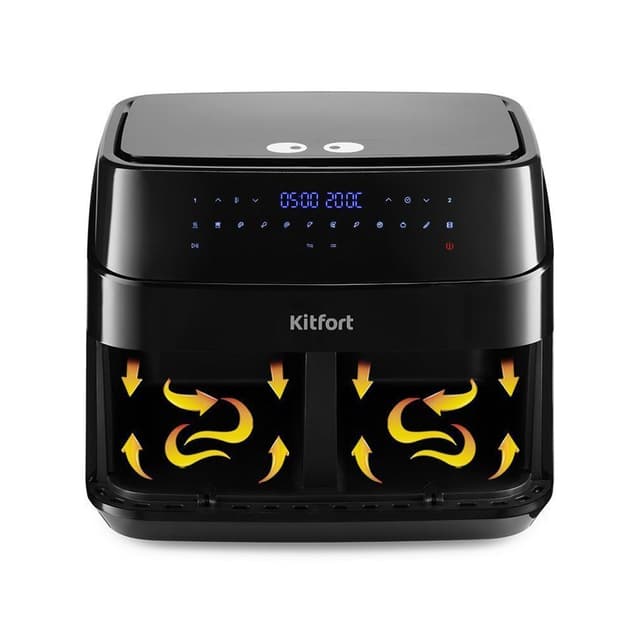 Аэрогриль, Kitfort, КТ-2250, 2 раздельных чаши, 12 программ, Объем чаш 9л (2 х 4,5 л), Температура 50-200°С, Таймер 60 мин, Уровень шума до 50 дБ, Сенсорное управление, Длина шнура 1 м, Мощность 1750 Вт, Черный