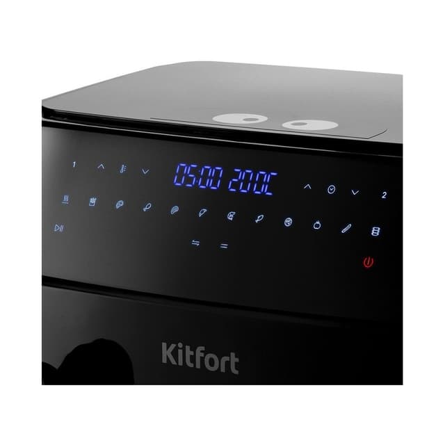 Аэрогриль, Kitfort, КТ-2250, 2 раздельных чаши, 12 программ, Объем чаш 9л (2 х 4,5 л), Температура 50-200°С, Таймер 60 мин, Уровень шума до 50 дБ, Сенсорное управление, Длина шнура 1 м, Мощность 1750 Вт, Черный