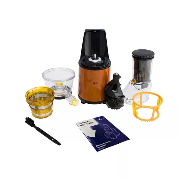 Соковыжималка шнековая, Kitfort, КТ-1102-1, Максимальная мощность 150 Вт, Номинальная мощность150 Вт, Объем резервуара для сока 800 мл, Объем резервуара для мякоти 800 мл, Оранжевый