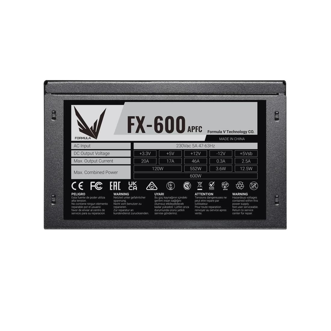Блок питания, Formula V, FX-600, 600W, ATX, APFC, 20+4 pin, 4+4pin, 5*Sata, 4*Molex, 2*PCI-E 6+2 pin, Вентилятор 12см, Кабель питания, Чёрный