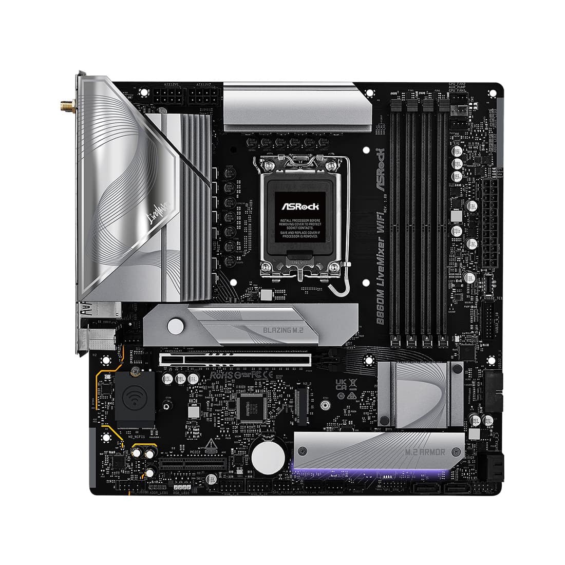 Материнская плата, ASRock, B860M LIVEMIXER WIFI (4711581490314), LGA1851, B860, 4xDDR5 4400/4800/5600/8666+(OC), 4xSATA3, 3xM.2 (PCI-E 4.0x4), Raid, 1xHDMI, 1xIntel® Thunderbolt™ 4, 1xPCI-Ex16, 1xPCI-Ex4, WiFi, mATX