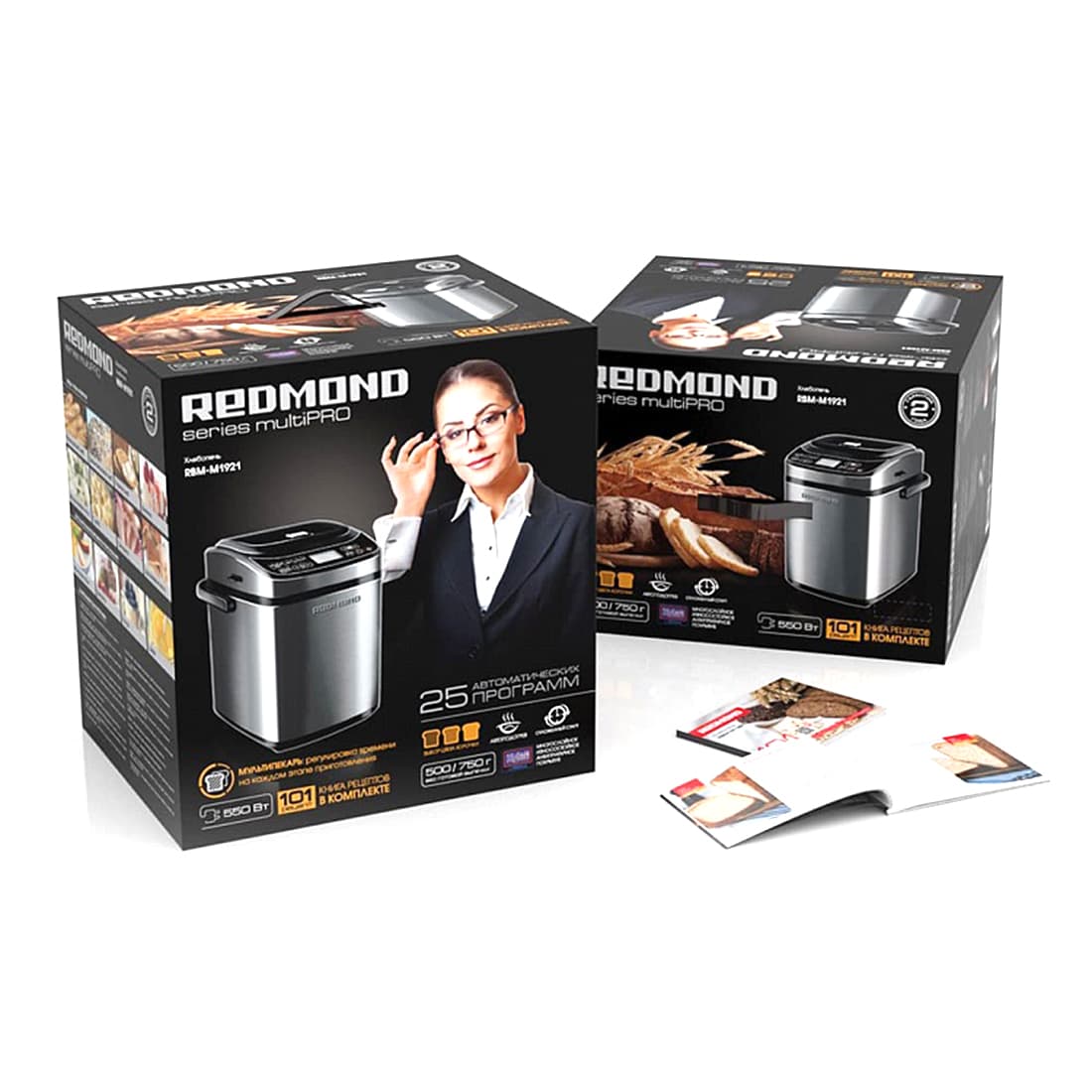 Хлебопечь, Redmond, RBM-M1921, 550 Вт, ЖК дисплей, Количество программ 25, Таймер, Материал корпуса металл/пластик, Размер выпечки 500/750гр, Выбор корочки, Черный