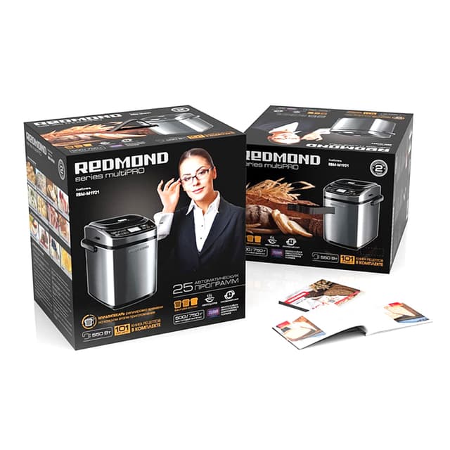 Хлебопечь, Redmond, RBM-M1921, 550 Вт, ЖК дисплей, Количество программ 25, Таймер, Материал корпуса металл/пластик, Размер выпечки 500/750гр, Выбор корочки, Черный