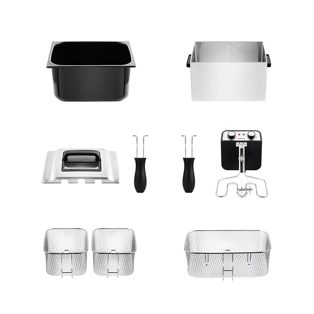 Фритюрница, Kitfort, КТ-2025, 3 корзины, Объем чаши 10 л, Объем корзин 2/4.7л, Длина шнура 0.93 м, Мощность 3270 Вт, Стальной