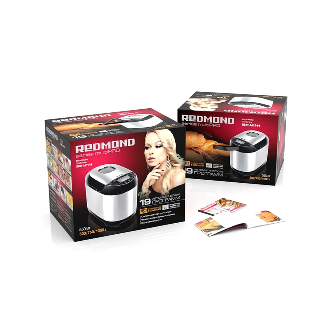 Хлебопечь, Redmond, RBM-M1911, 550 Вт, Количество программ 11, Таймер, Смотровое окно, Размер выпечки 500/1000гр, Выбор корочки, ЖК дисплей, Черный-металлик