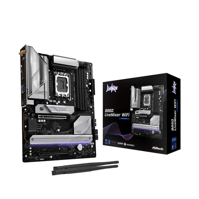 Материнская плата, ASRock, B860 LIVEMIXER WIFI (4711581490147), LGA1851, B860, 4xDDR5 4400/4800/5600/8666+(OC), 4xSATA3, 3xM.2 (PCI-E 4.0x4), Raid, 1xHDMI, 1xIntel® Thunderbolt™ 4, 2xPCI-Ex16, WiFi, ATX