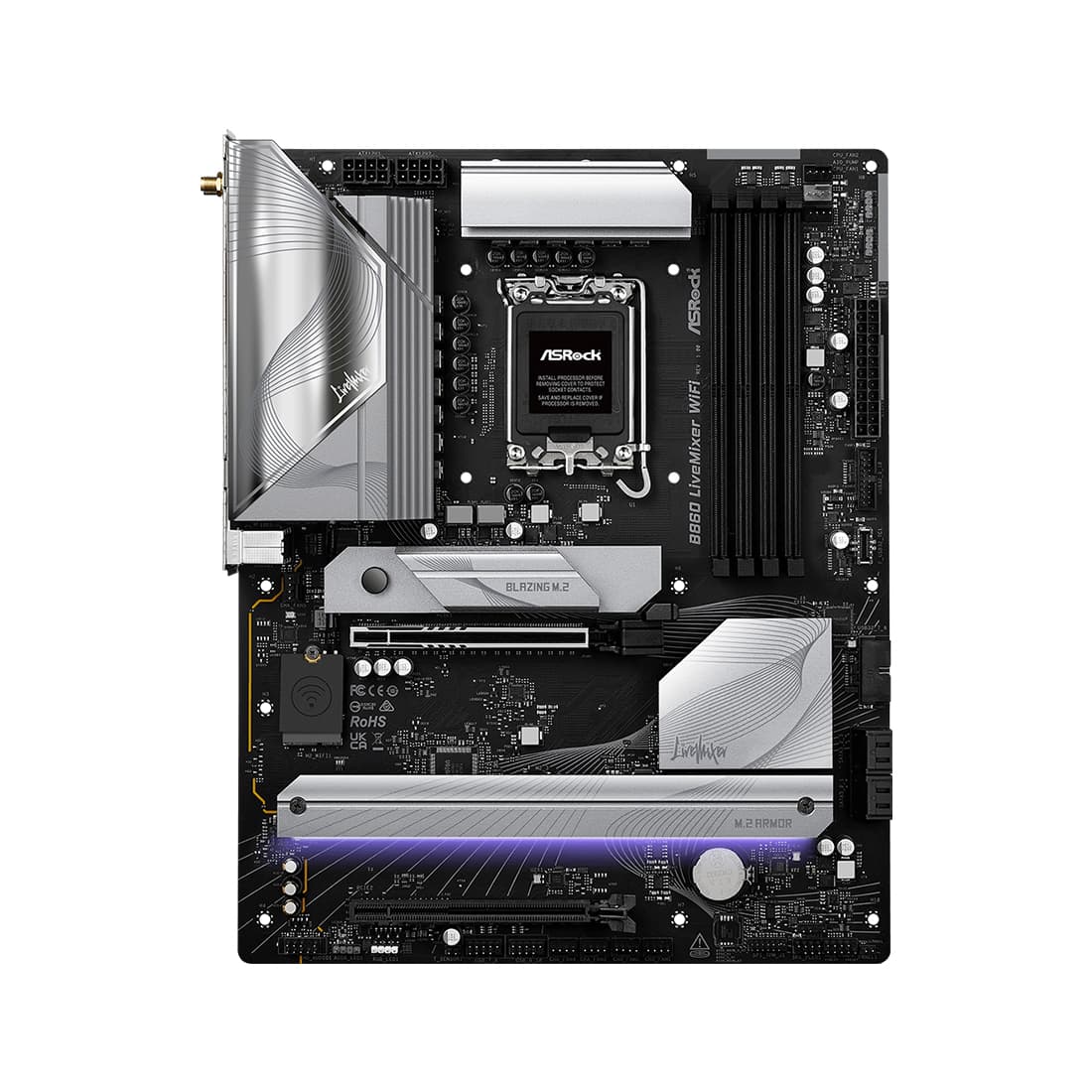 Материнская плата, ASRock, B860 LIVEMIXER WIFI (4711581490147), LGA1851, B860, 4xDDR5 4400/4800/5600/8666+(OC), 4xSATA3, 3xM.2 (PCI-E 4.0x4), Raid, 1xHDMI, 1xIntel® Thunderbolt™ 4, 2xPCI-Ex16, WiFi, ATX