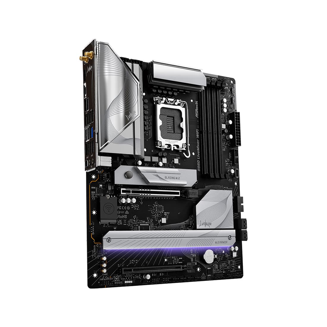Материнская плата, ASRock, B860 LIVEMIXER WIFI (4711581490147), LGA1851, B860, 4xDDR5 4400/4800/5600/8666+(OC), 4xSATA3, 3xM.2 (PCI-E 4.0x4), Raid, 1xHDMI, 1xIntel® Thunderbolt™ 4, 2xPCI-Ex16, WiFi, ATX