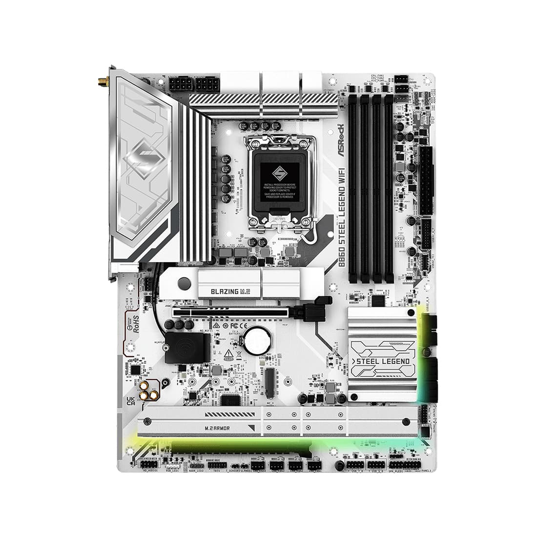 Материнская плата, ASRock, B860 STEEL LEGEND WIFI (4711581490123), LGA1851, B860, 4xDDR5 4400/4800/5600/8666+(OC), 4xSATA3, 4xM.2 (3*PCI-E 4.0x4, 1*PCI-E 4.0x2), Raid, 1xDP, 1xHDMI, 1xIntel® Thunderbolt™ 4, 2xPCI-Ex16, WiFi, ATX