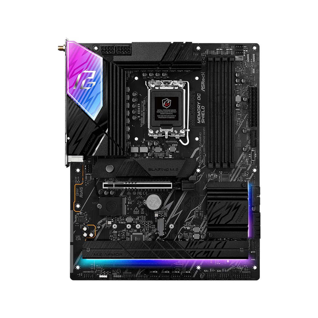 Материнская плата, ASRock, B860 LIGHTNING WIFI (4711581490116), LGA1851, B860, 4xDDR5 4400/4800/5600/8666+(OC), 4xSATA3, 4xM.2 (PCI-E 4.0x4), Raid, 1xDP, 1xHDMI, 1xIntel® Thunderbolt™ 4, 1xPCI-Ex16, WiFi, ATX