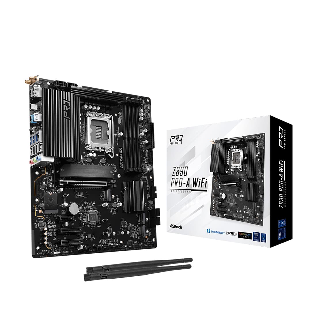 Материнская плата, ASRock, Z890 PRO-A WIFI, LGA1851, iZ890, 4xDDR5 4400/4800/5600/9466+(OC), 4xSATA3, 4xM.2 (1*PCI-E 5.0x4, 2*PCI-E 4.0x4, 1*PCI-E 4.0x4 & SATA), Raid, 1xHDMI, 1xDP, 1xThunderbolt™ 4 Type-C Port, 1xPCI-Ex16, 2xPCI-Ex4, 1xPCI-Ex1, WiFi, ATX