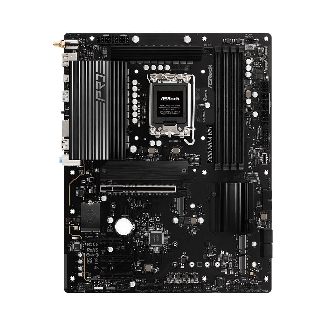 Материнская плата, ASRock, Z890 PRO-A WIFI, LGA1851, iZ890, 4xDDR5 4400/4800/5600/9466+(OC), 4xSATA3, 4xM.2 (1*PCI-E 5.0x4, 2*PCI-E 4.0x4, 1*PCI-E 4.0x4 & SATA), Raid, 1xHDMI, 1xDP, 1xThunderbolt™ 4 Type-C Port, 1xPCI-Ex16, 2xPCI-Ex4, 1xPCI-Ex1, WiFi, ATX