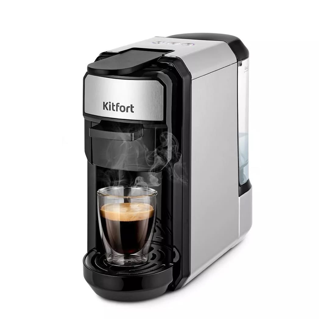 Кофеварка, Kitfort, КТ-7192, "3 в 1" Мощность 1450 Вт, Объем резервуара для воды 600 мл, Съемный контейнер для воды, Используемый кофе молотый, чалды, Фильтр металлический , Цвет черный/серебристый