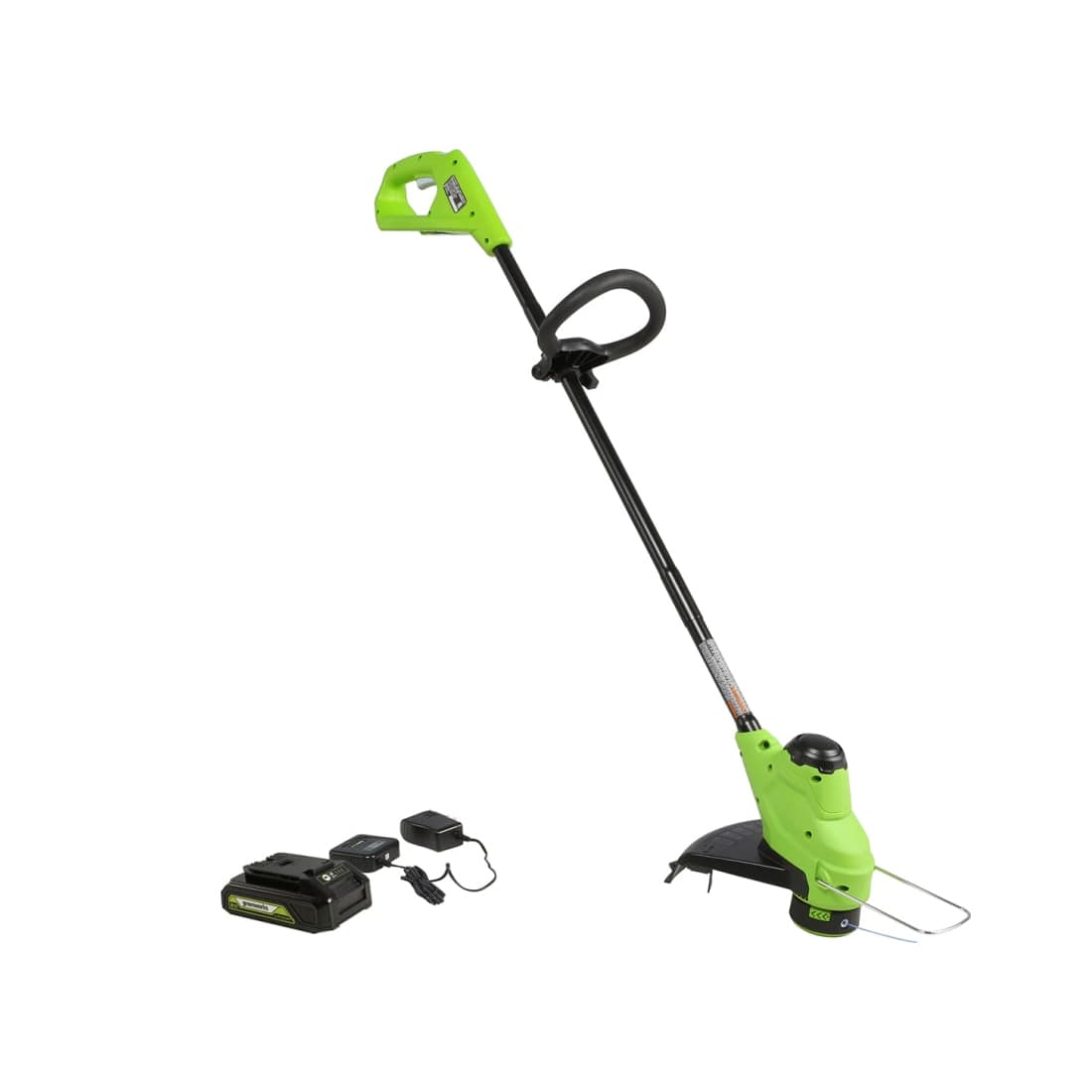 Триммер аккумуляторный, Greenworks, G24LT25K2(2107207SARU), 24V, 25см, с 1хАКБ 2Ач и ЗУ, Щеточный двигатель, Нижнее расположение двигателя, Обороты без нагрузки 7500 об/мин., Ширина скашивания 25,4 cм , Диаметр лески 1.65 мм, Автоматическая подача лески, Односторонний выход лески, D-образная ручка c регулировкой угла наклона, Защитный кожух режущей части, Время автономной работы от 4 Ач до 40 минут, Чёрный/зелёный